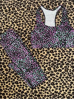 Fabletics Pink & Mint Leopard Print Sports Bra and Leggings Set